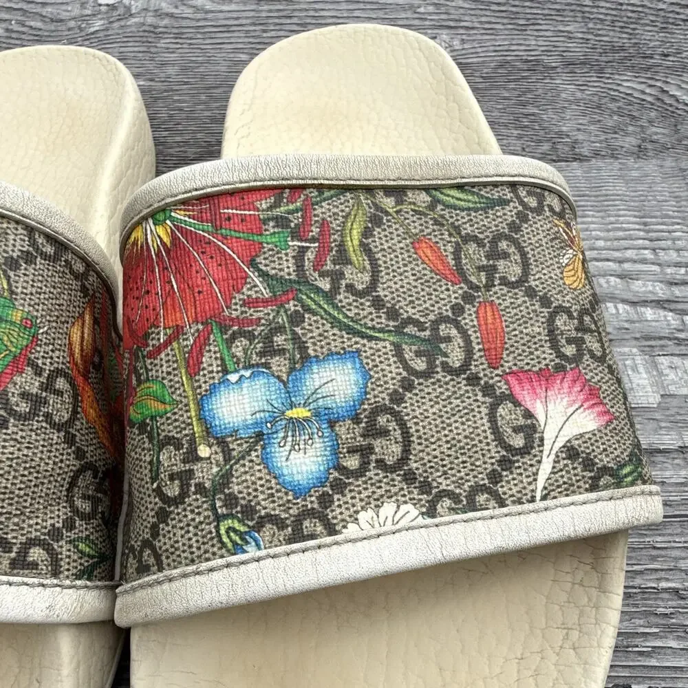 Gucci Women’s GG Blooms Floral Logo Slide Sandals Beige Multicolor US 7.5/8 COA